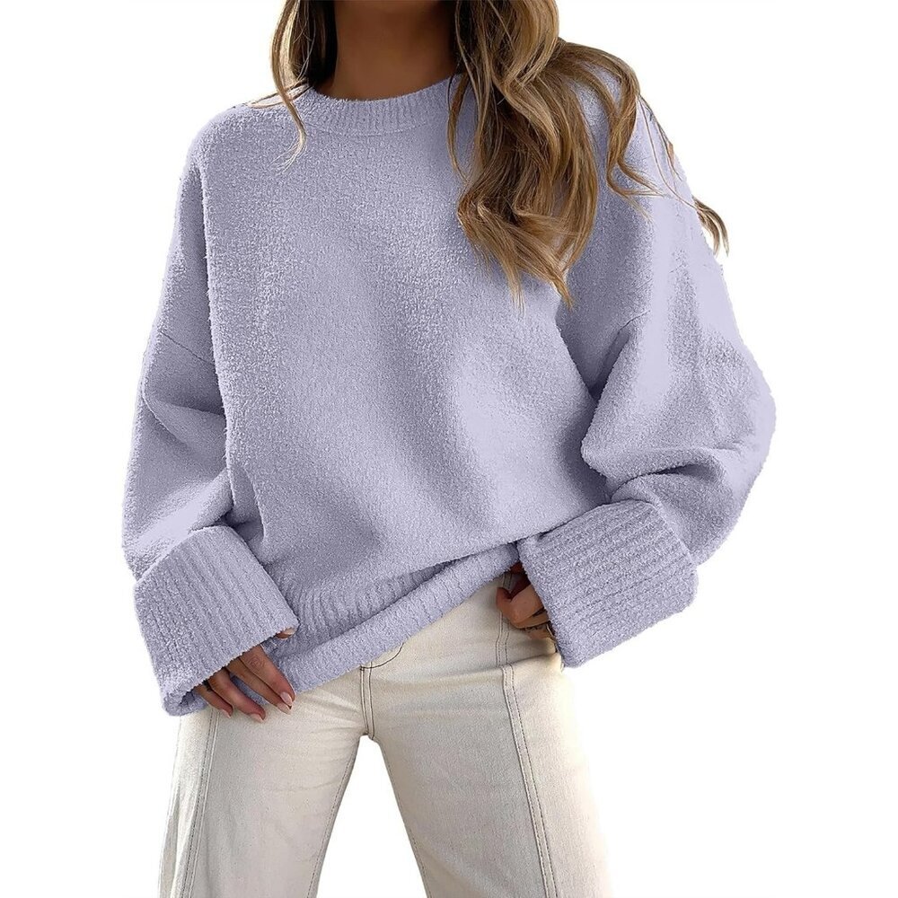 Women's  Bright Purple Oversized Long Sleeve Casual Fuzzy Knit Sweater
